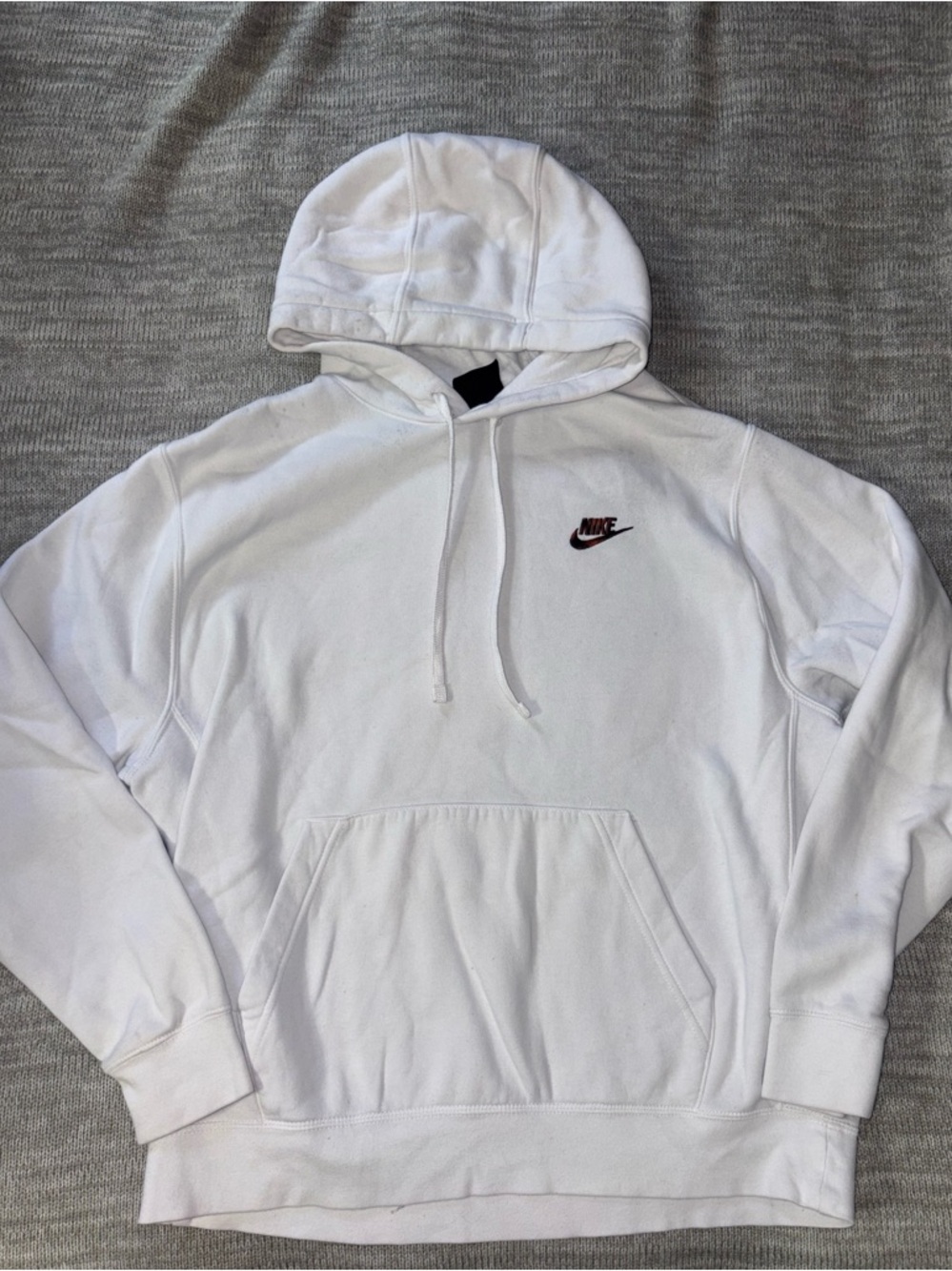 Nike White Men's Hoodie with Small Black & Red Swoosh